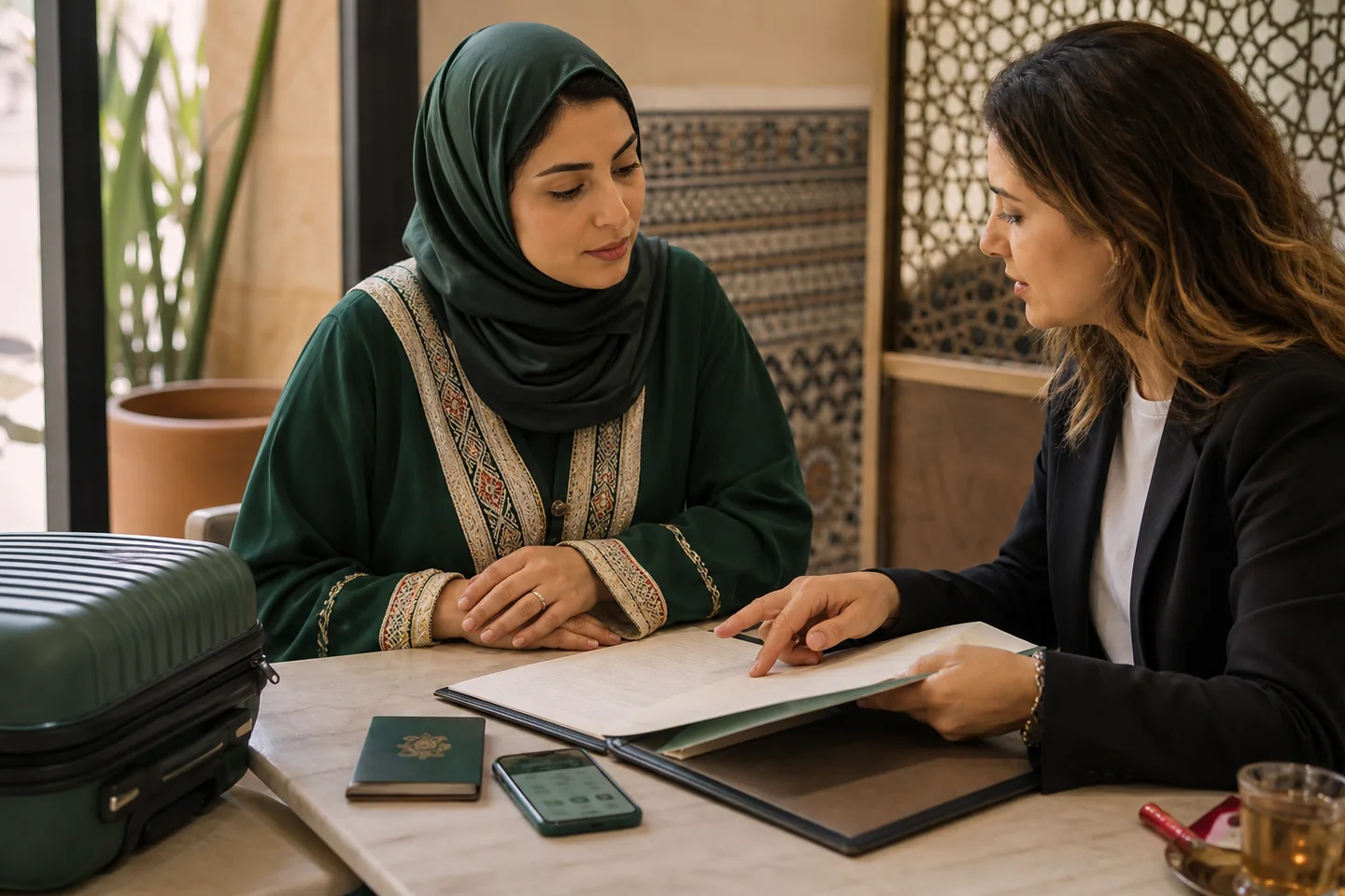 Voyageuse examinant les informations d'une assurance voyage